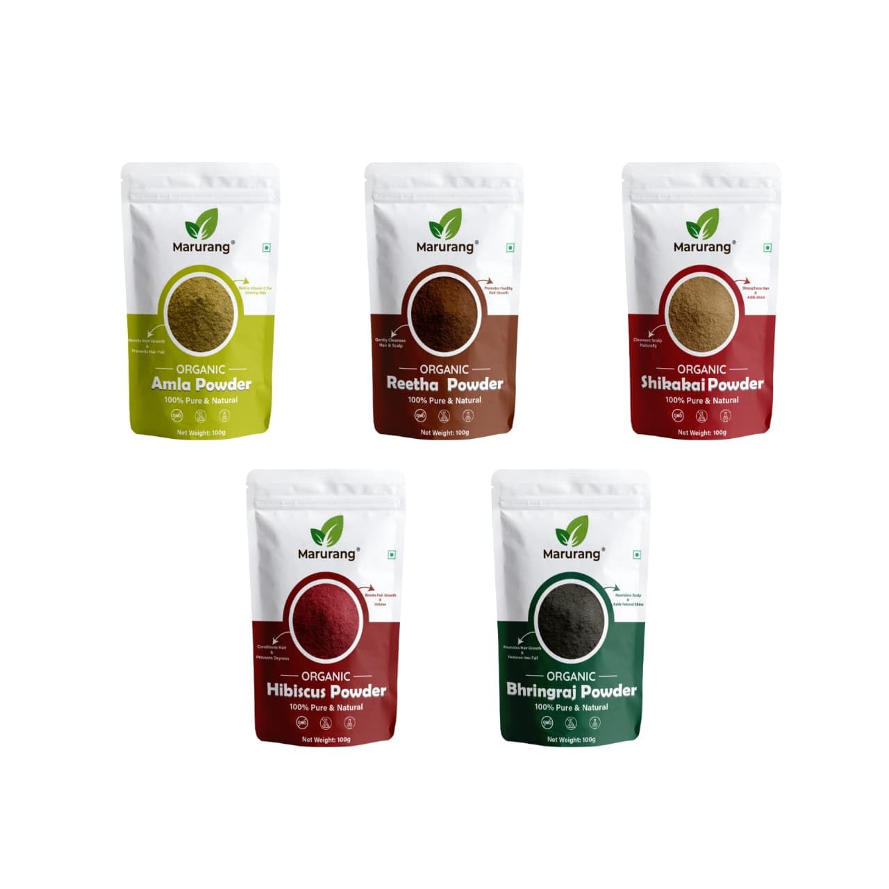 Organic Herbal Hair Powder Combo (Pack of 5 x 100g) – Amla, Reetha, Shikakai, Hibiscus & Bhringraj | 100% Pure Botanical Powders | Natural Hair Care Regimen