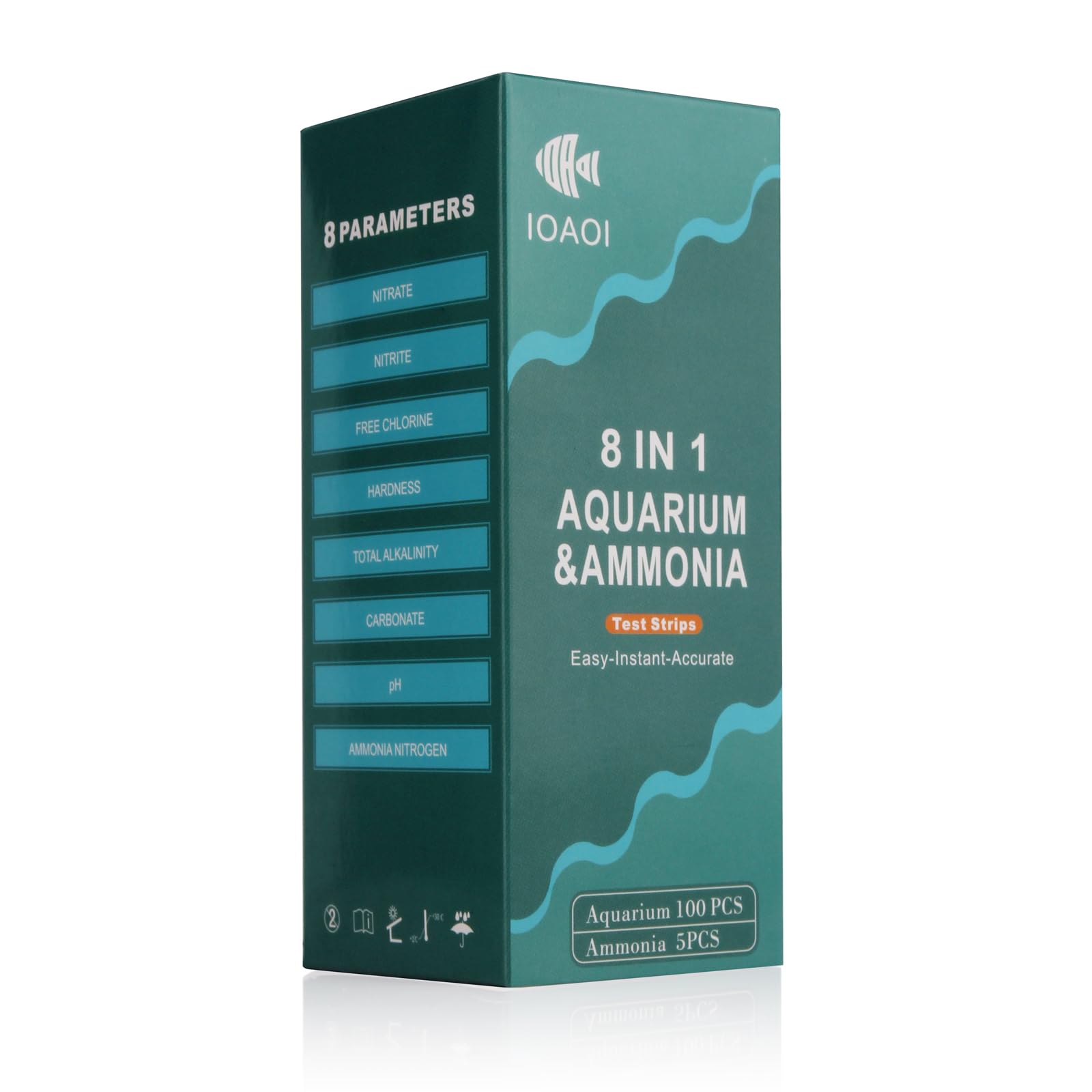IOAOI Aquarium Test Strips for Freshwater and Saltwater, 5 Pcs of Ammonia Test Strips and 100 Pcs of 7 in 1 Test Strips, pH, Alkalinity, Nitrite, Nitrate, Chlorine, Carbonate, Hardness