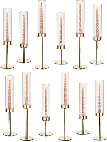 Candelabro dorado con forma de huracán portavelas Glasseam para velas cónicas a granel 12, moderno portavelas con chimenea de vidrio, portavelas de