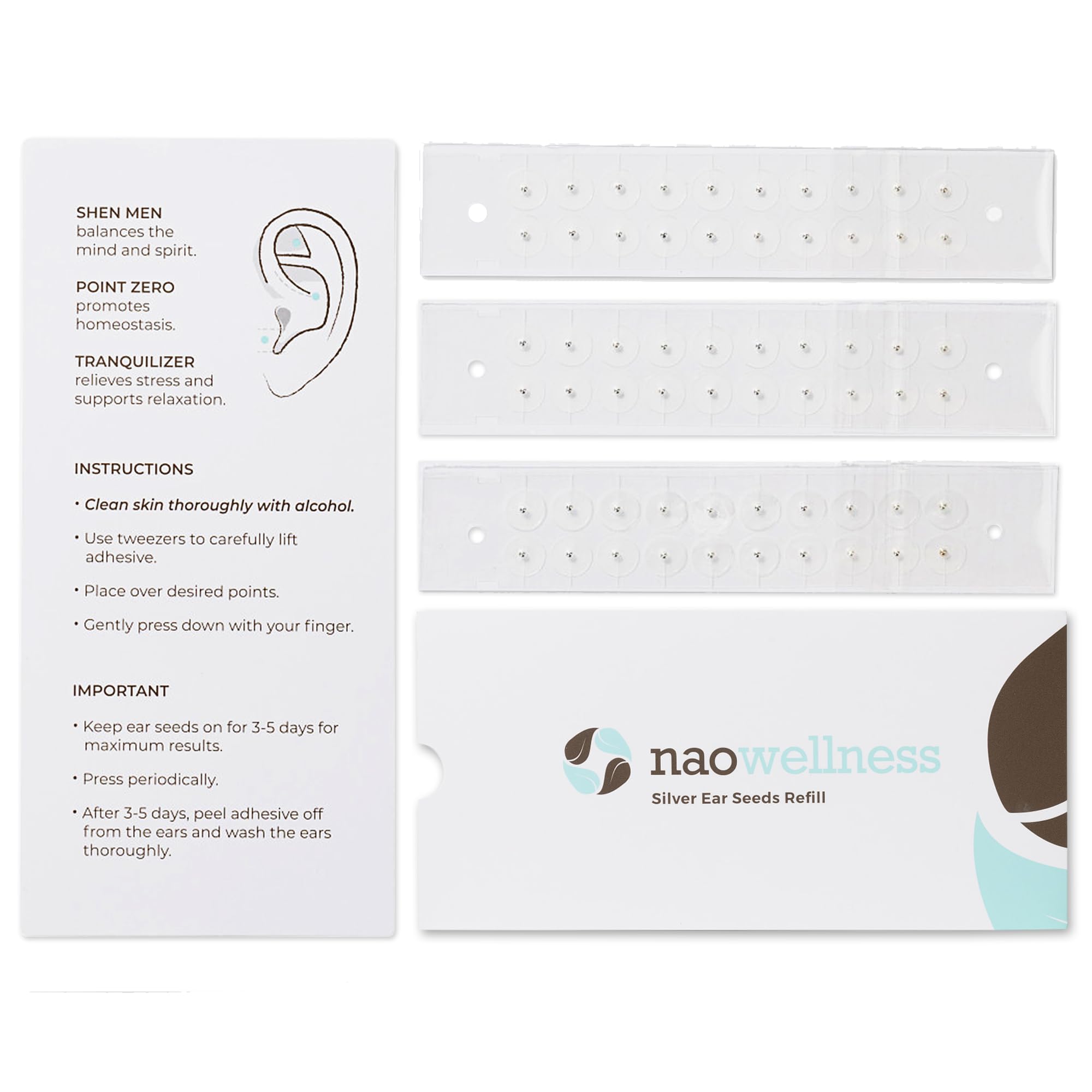 NAO Wellness Stainless Steel Ear Seeds- Auriculotherapy Seeds Self-Care Acupressure Beads with 10 Solutions 60 Acupuncture Steel Ear