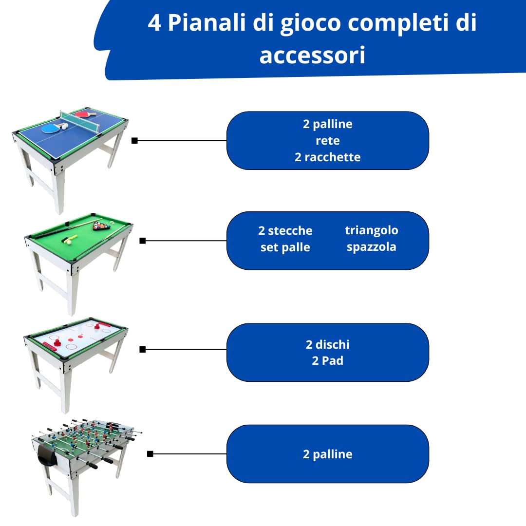 Tavolo da Gioco 4 in 1 - Biliardino, Air Hockey, Biliardo, Ping Pong - Calcio Balilla Multigioco per Bambini - Tavolo Multifunzione in MDF