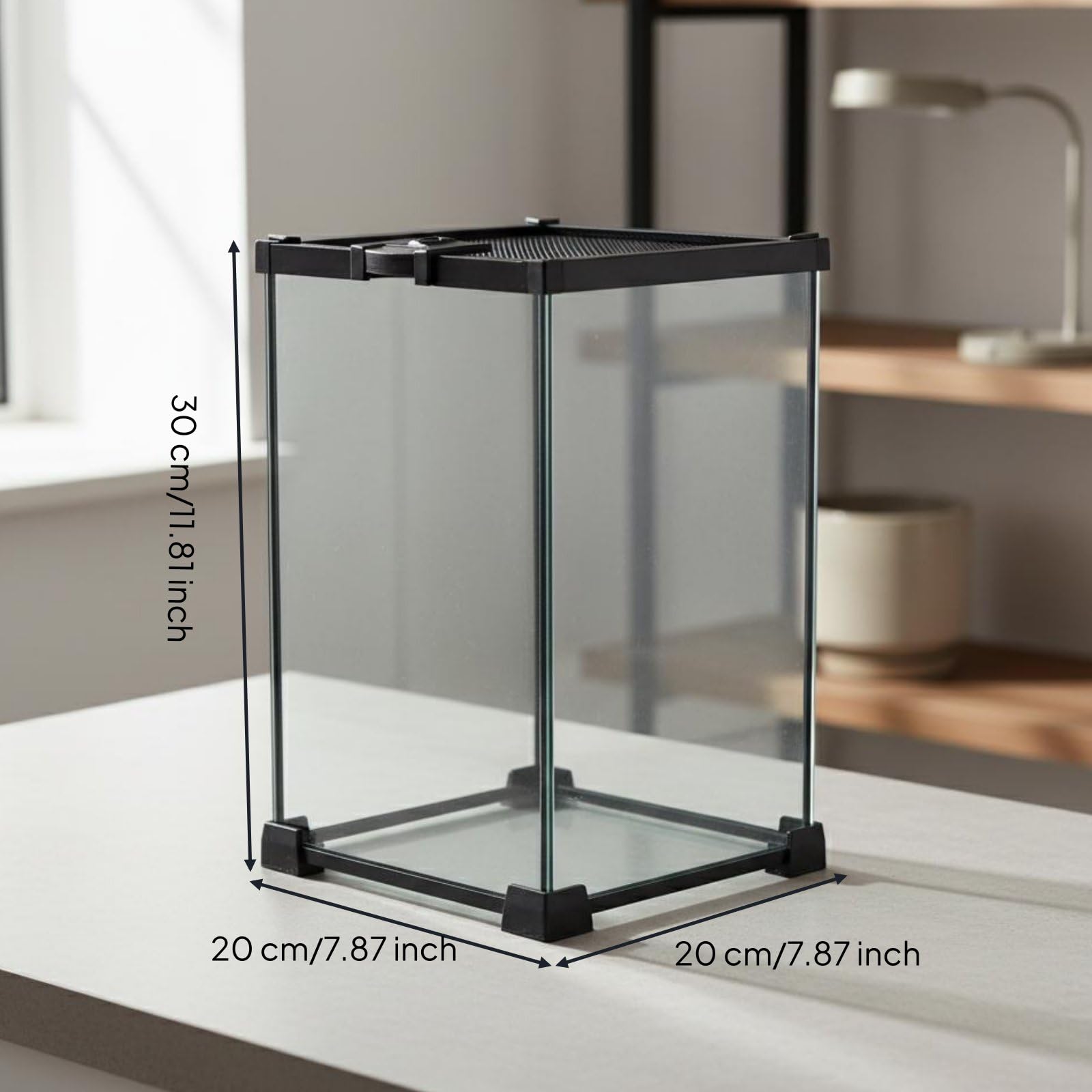 B Baosity Terrario para Reptiles de Cristal Tanque Panorámico con Malla Extraíble Estructura Compacta Fácil Limpieza Adecuado para Principiantes Aficionados y Mascotas Exóticas, 20x20x30cm