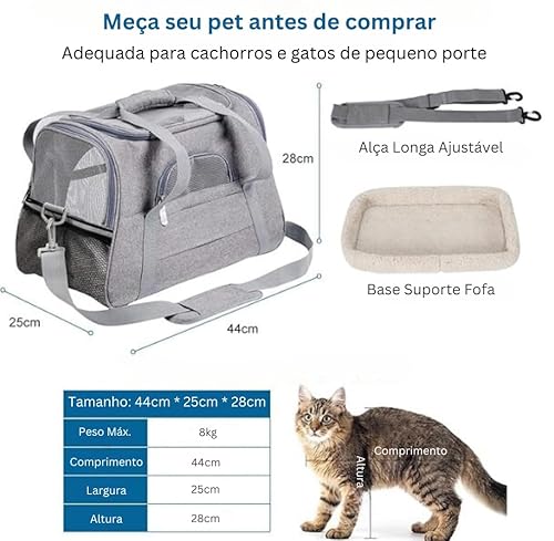 Bolsa Transporte Pet Até 8kg Passeio Viagem Carro Avião Para Cães e Gatos (Cinza)