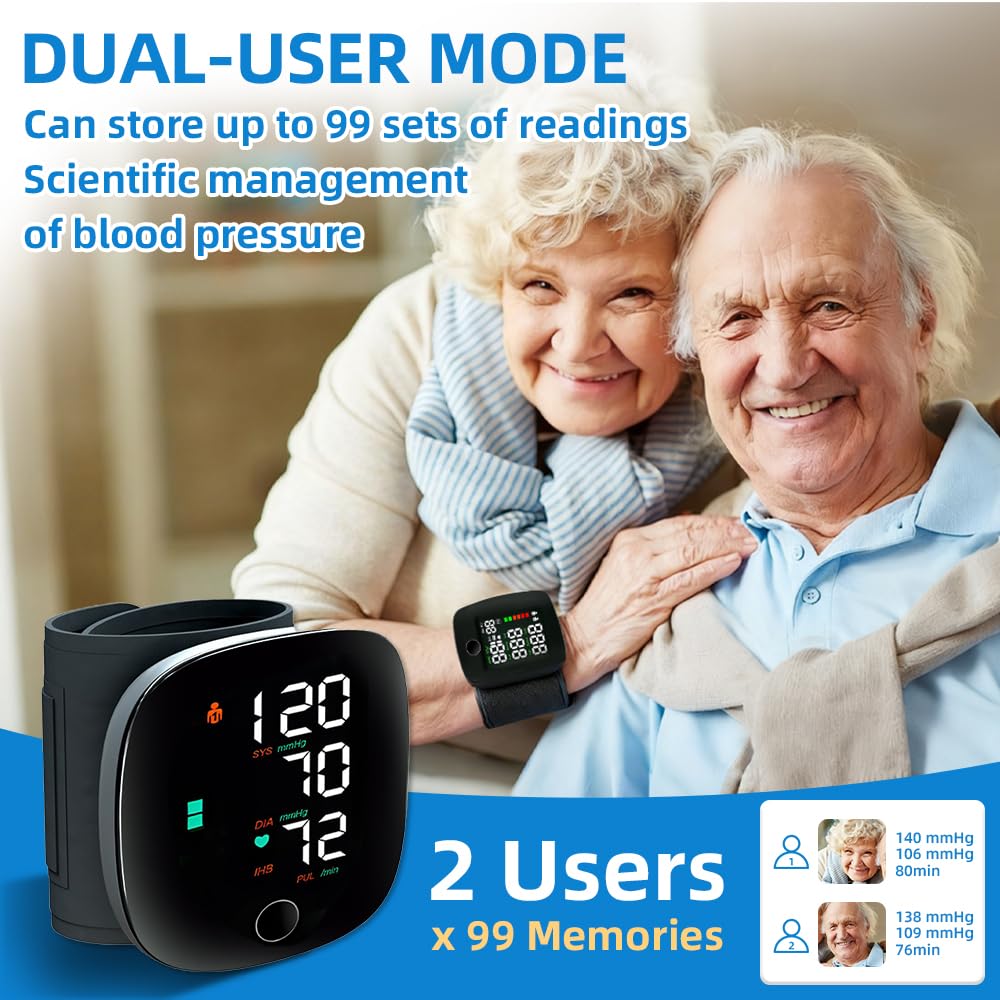 Tensiometro de Muñeca, Tensiometro Muñeca con LCD, Portátil Eléctricos Tensiómetro Digital, Manguito Ajustable 13,5-19,5 cm, Memoria para 99 x 2 Valores Medidos para Uso Doméstico y de Viaje