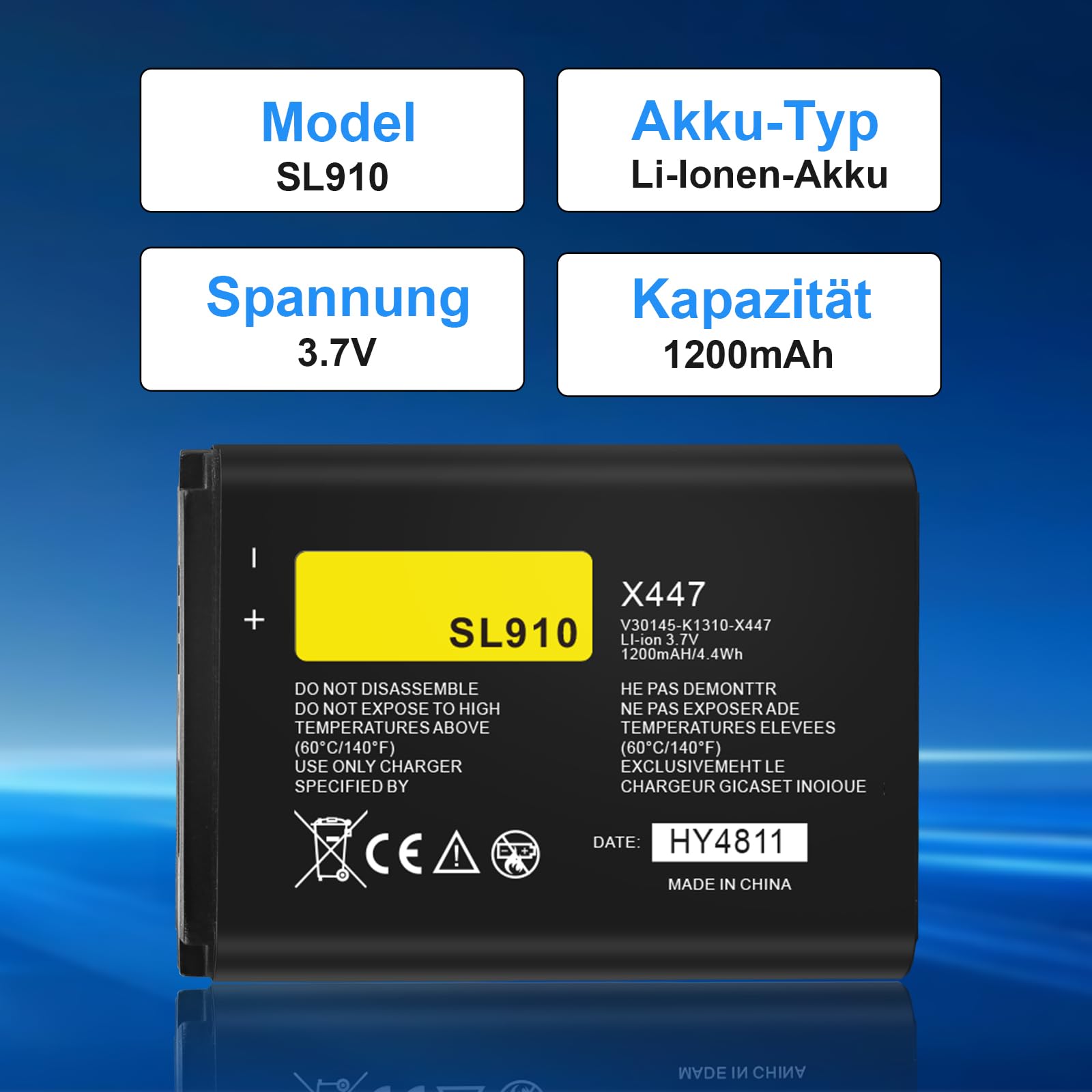 Lot de 2 batteries de rechange Li-ion 3,7 V 1200 mAh pour Siemens Gigaset SL910 SL910A SL910H compatible avec V30145-K1310K-X447 V30145-K1310-X447 V30145-K1310K-X447-00 - HY