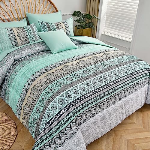 Image of Cottolester Boho Comforter Set King Size,8 Piece Bed in a Bag Sage Green Paisley Comforter and Sheet Set,Striped Bedding Set Soft Microfiber Complete Bedding Set