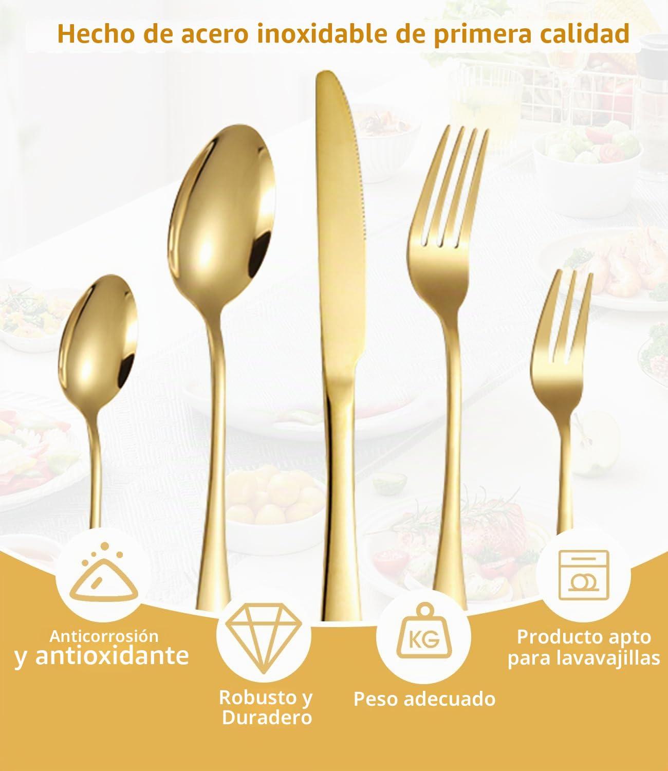 Cuberterias Completas 12 Personas, 60 Piezas Cubiertos Acero Inoxidable Oro