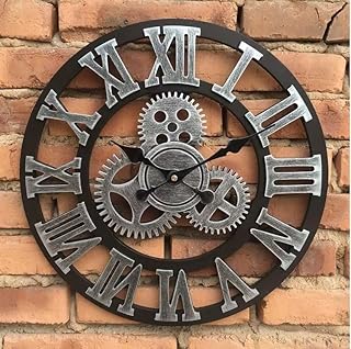 Heaven4you H4Y LARGE WALL CLOCK BIG ROMAN NUMERALS GIANT OPEN FACE WOOD/METAL FOR LIVING ROOM BAR OFFICE SILVER 58CM