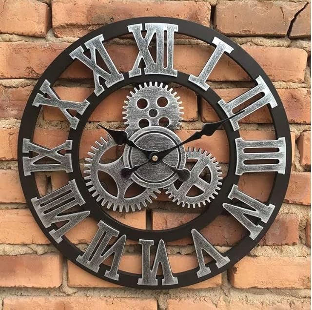 Heaven4you H4Y LARGE WALL CLOCK BIG ROMAN NUMERALS GIANT OPEN FACE WOOD/METAL FOR LIVING ROOM BAR OFFICE SILVER 58CM