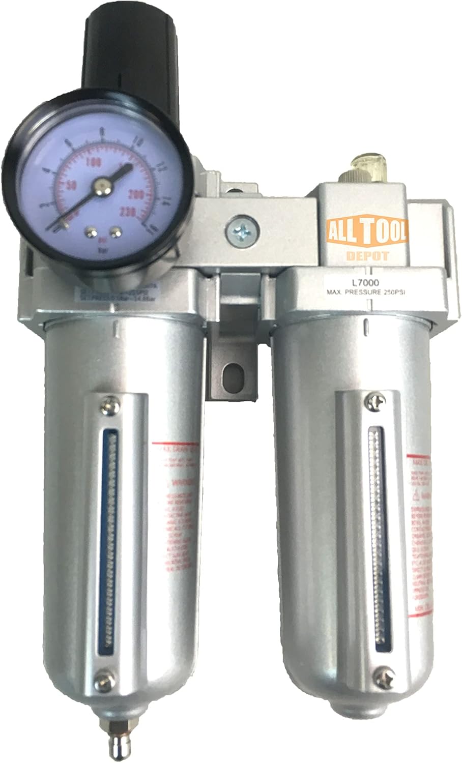 1/2" NPT HEAVY DUTY Compressed Air In Line Filter Regulator Lubricator Oiler Combo Piggyback, Metal Bowl, 5 Micron Element, Adjustable From 7 to 215 PSI (MANUAL DRAIN)