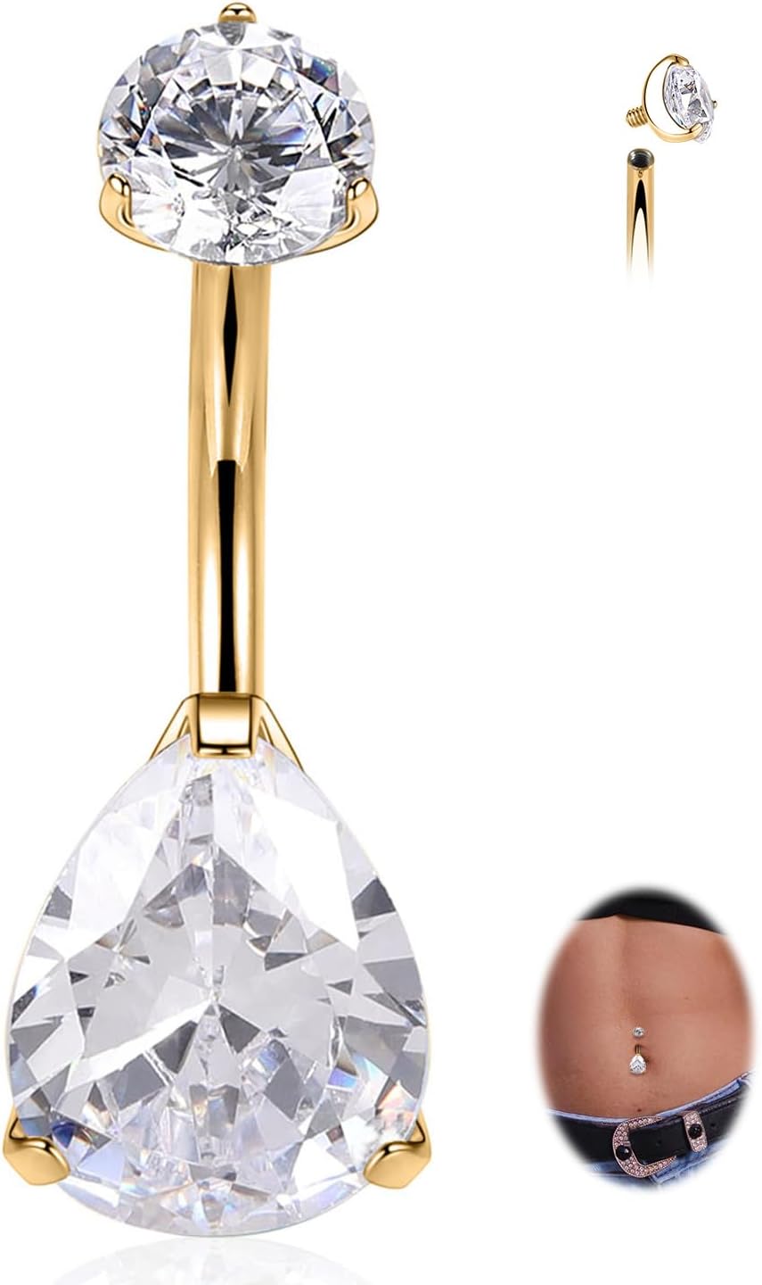 FUNLMO Belly Button Ring Titanium Belly Button Piercing 14g Belly Ring Internally Threaded Floating Navel Piercing Jewelry Waterdrop Cube Zirconia Opal Navel Ring 10mm