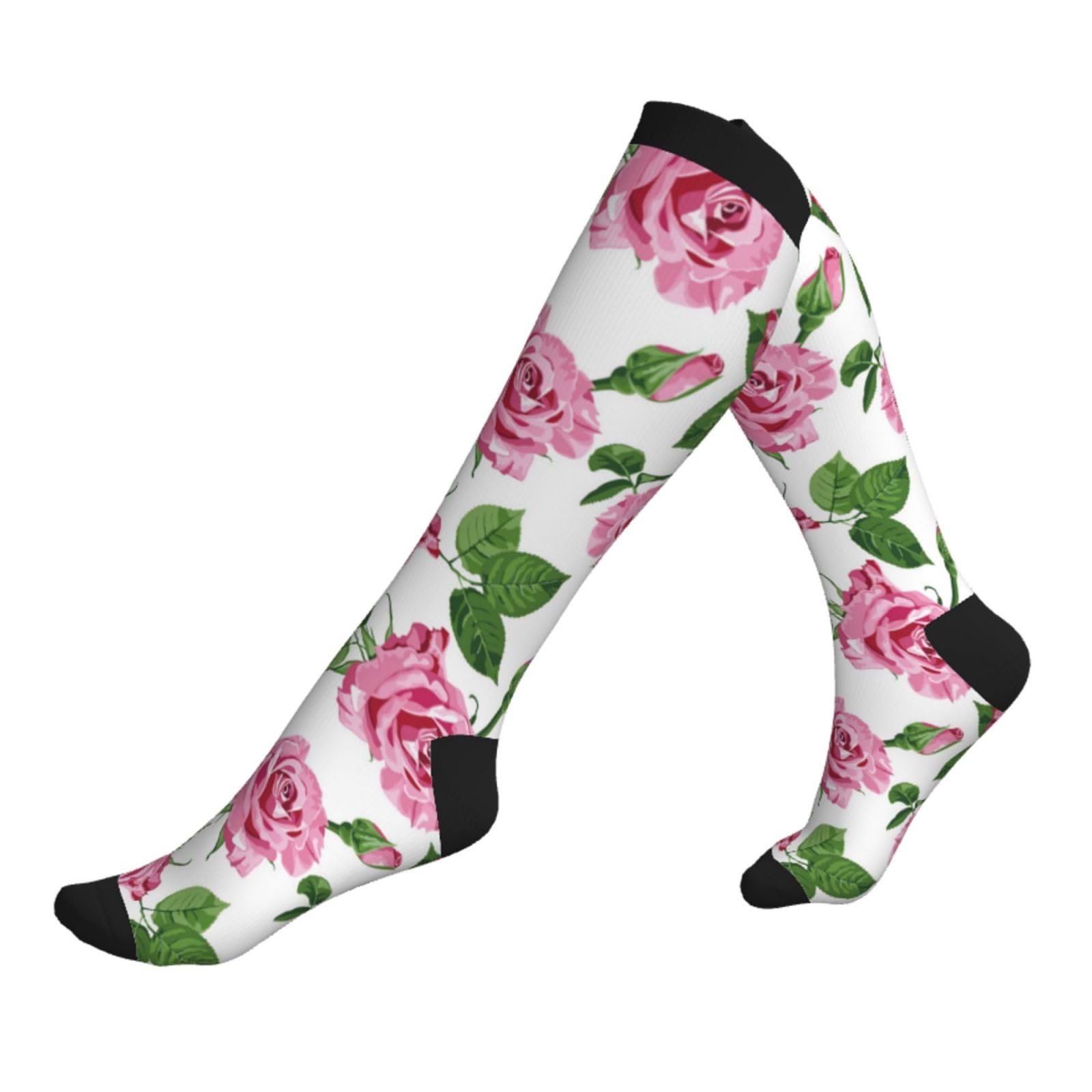 Compression Socks for Women Men - Green Pink Rose Flowers Knee High Compression Stockings for Women Men