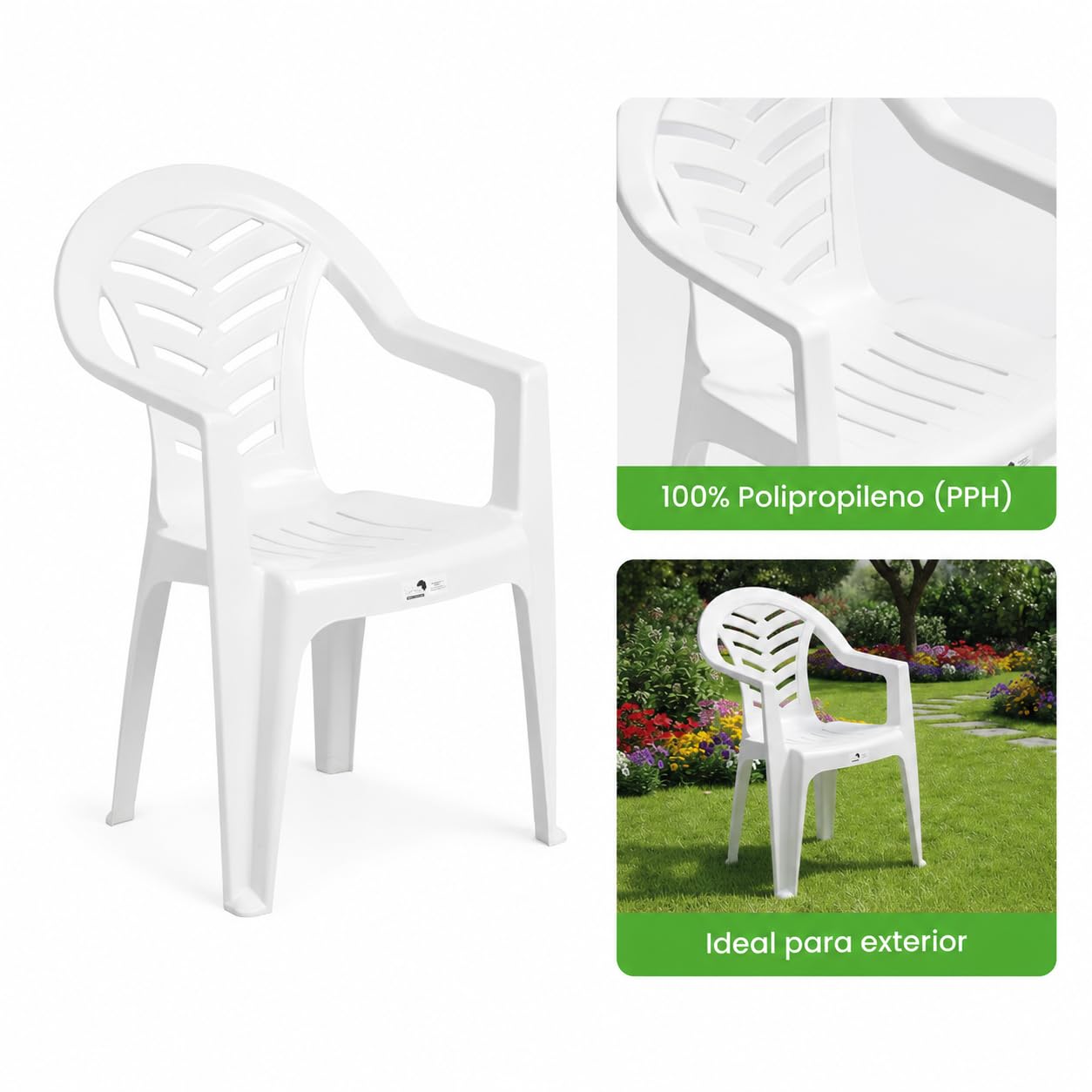 Pack 4 Sillas Jardín para Exterior de Plástico Apilable Blanca con Reposabrazos | para Jardín, Terraza, Playa y Camping | Silla Ergonómica de PVC, Cómoda y Resistente