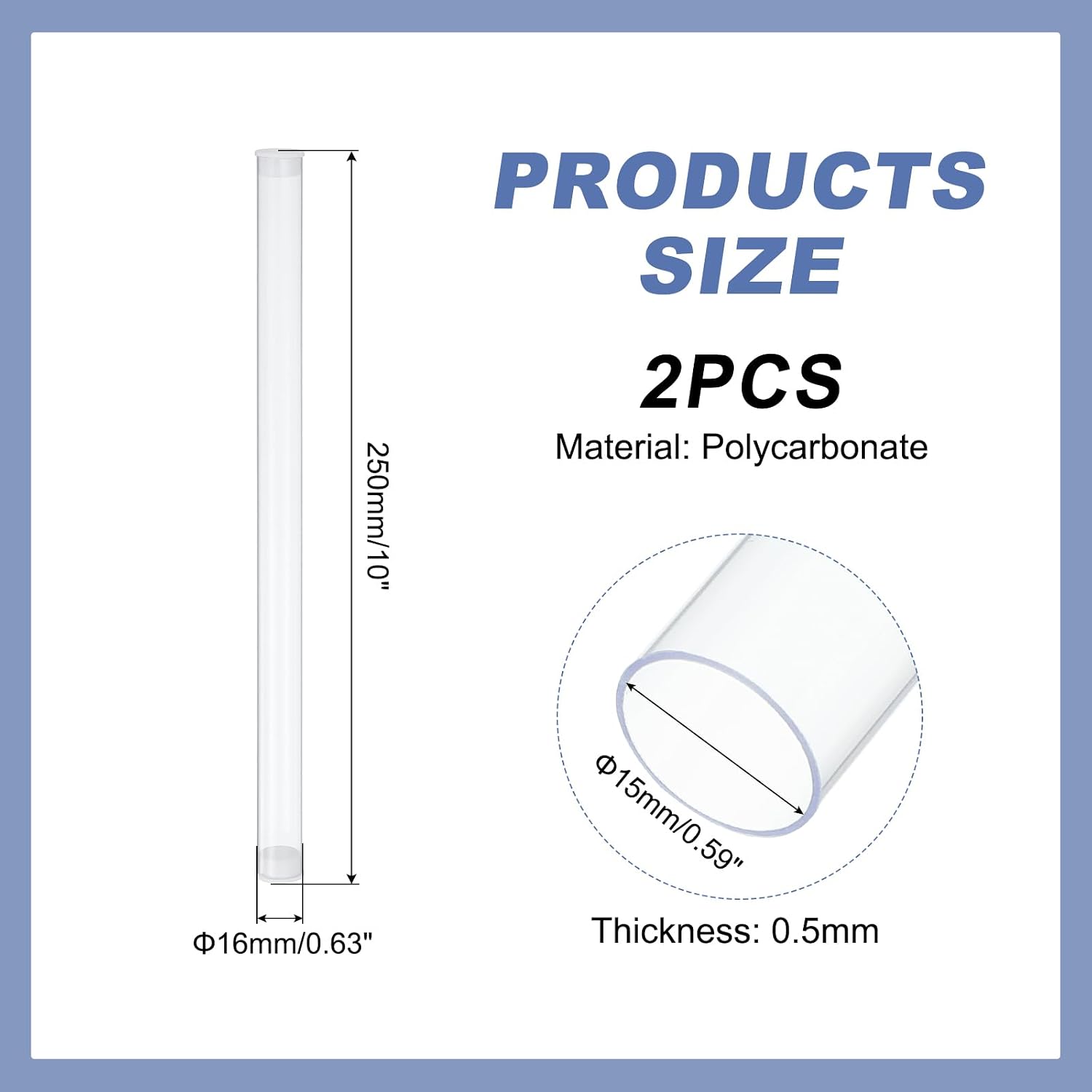 PATIKIL Clear Rigid Tube Round Plastic Tubing with End Caps Polycarbonate Water Pipe, 250mm/10 Inch Length, 15mm x 16mm/0.59" x 0.63", 2 Set