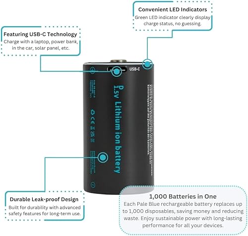 Miniatura 7 de Pale Blue - Baterías recargables D con cargador USB, iones de litio de 1.5 V 5000 mAh, se cargan menos de 7 horas, más de 1000 ciclos, cable de