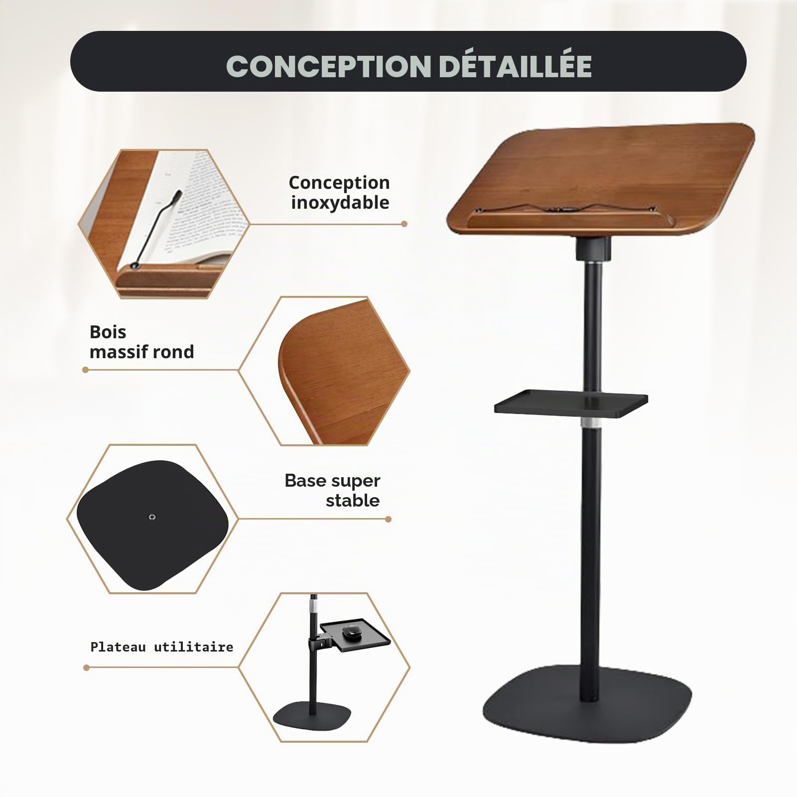 Support de Livre Réglable 50-130cm avec Plateau Multifonction,Support Livre pour Livre, Ordinateur Portable, Projecteur, recettes,Stable et Antidérapant