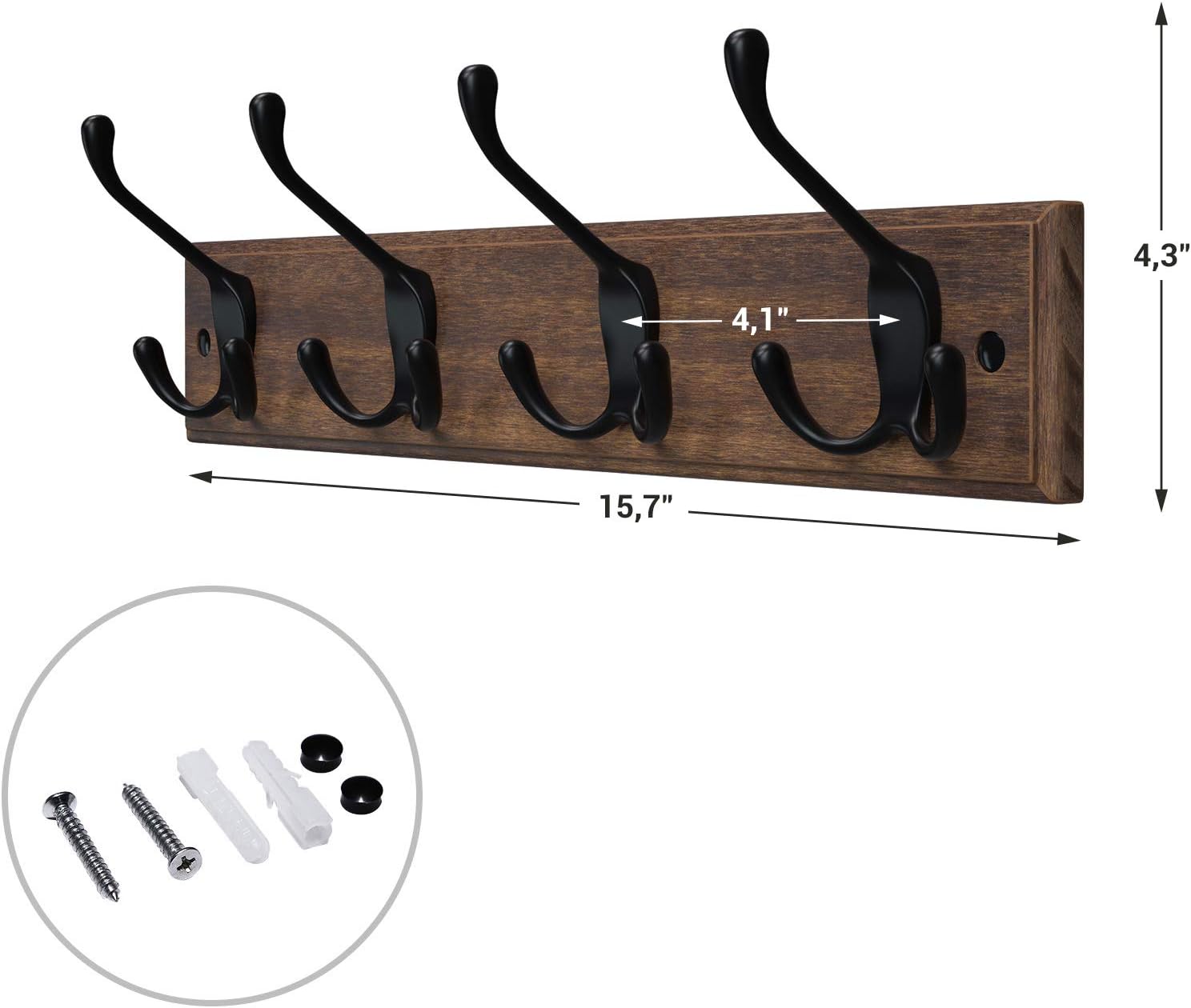 SONGMICS Wall Mounted Coat Rack, Hook Rack with 4 Tri-Hooks, for Clothes, Keys, Hats, Purses, in The Entryway, Bathroom, Closet Room, Rustic Brown ULHR030X01