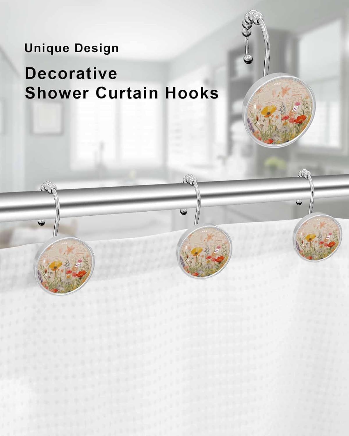 Shower Curtain Hooks 12 Pcs, Spring Vintage Poppy Flower Bud Stainless Steel Rust Proof Rolling Shower Curtain Rings, Decorative Shower Curtain Hooks Hangers for Bathroom