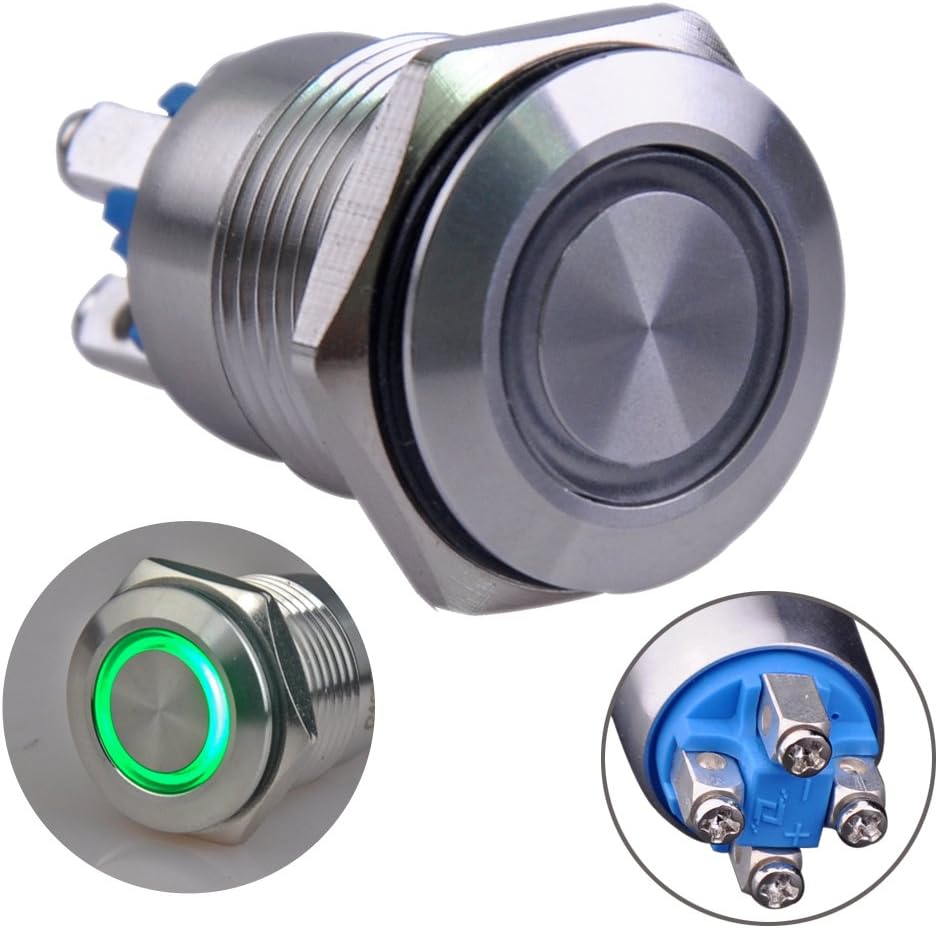 UlincosMomentary Push Button Switch U16B1 1NO Silver Stainless Steel Shell with Green LED Ring Suitable for 16mm 5/8" Mounting Hole (Green)