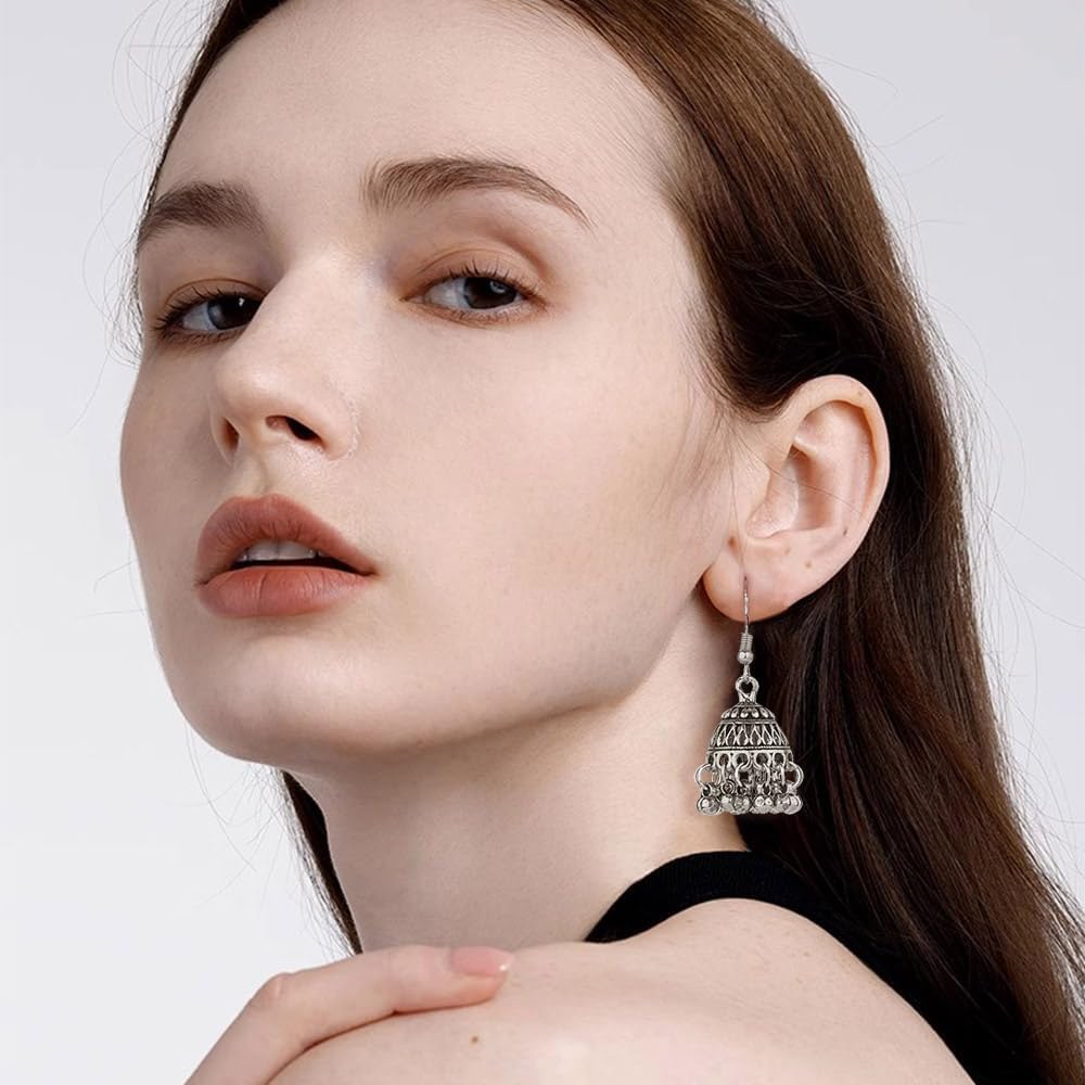 Bollywood Jhumka Jhumki Dangle Earrings for Women Traditional Gypsy Boho Beaded Tassel Oxidized Antique Indian Bell Earring Drop Bohemian Ethnic Festive Party Wear Jewelry Gift Xmas - Image 3