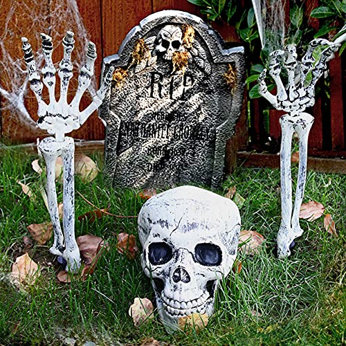 Proumhang Decoración de Calavera de Halloween,Calavera y Brazo de Halloween,Decoración de Esqueleto de Calavera de Plástico Aterrador para Jardín de Halloween,Césped,Casa Embrujada Juego (3 Piezas)