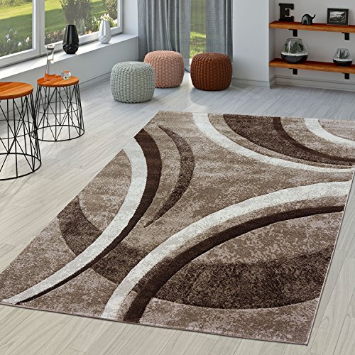 TT Home Tapis Salon Rayé Moderne avec Découpe des Contours en Brun Beige Crème, Dimension:160x230 cm