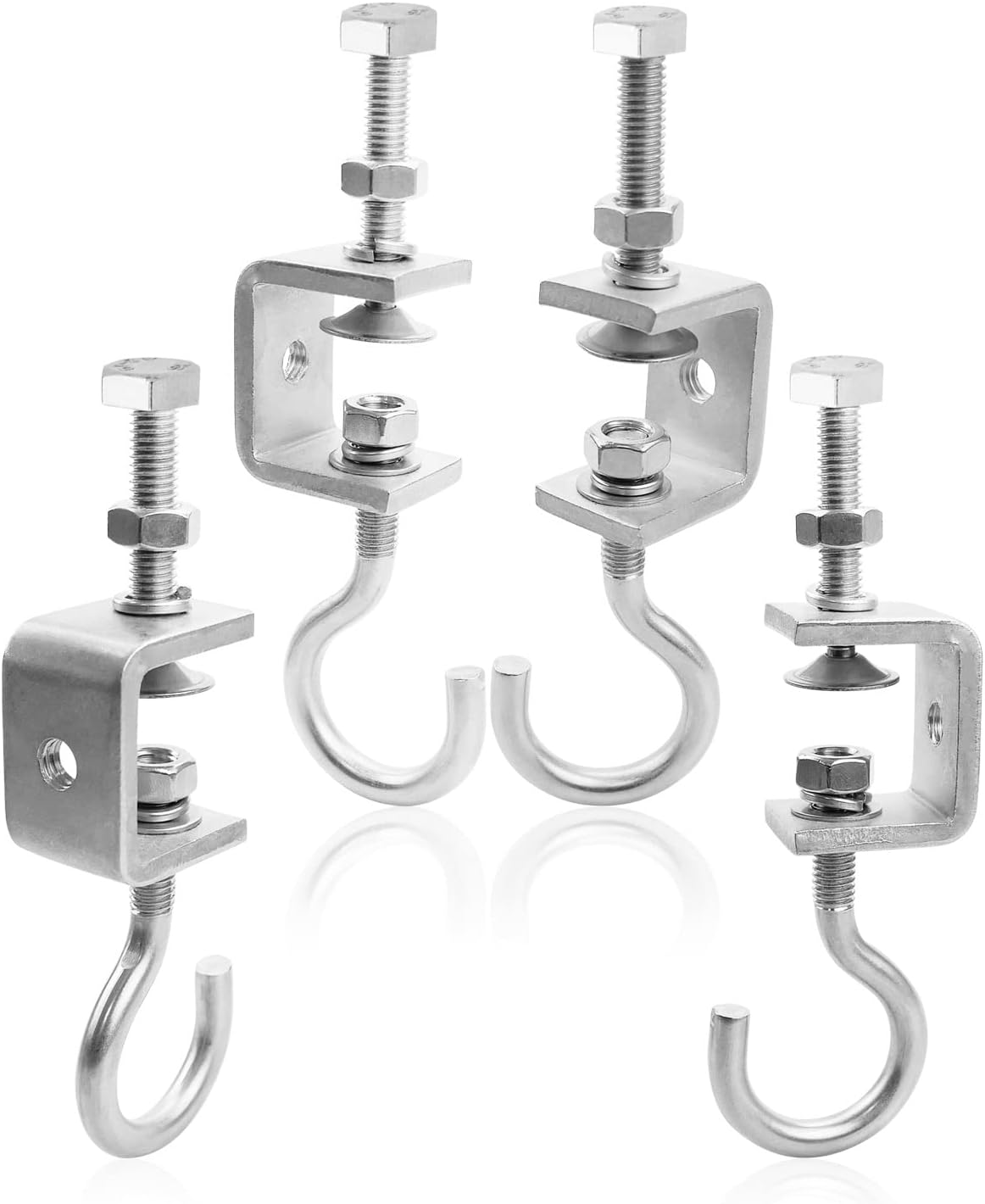 4-Piece Stainless Steel Small Pipe Clamp J-Hooks for 1-Inch Metal & Wood Beam Truss - Heavy Duty Open Cup Bolt Hooks, I-Beam Design - Load 330lb