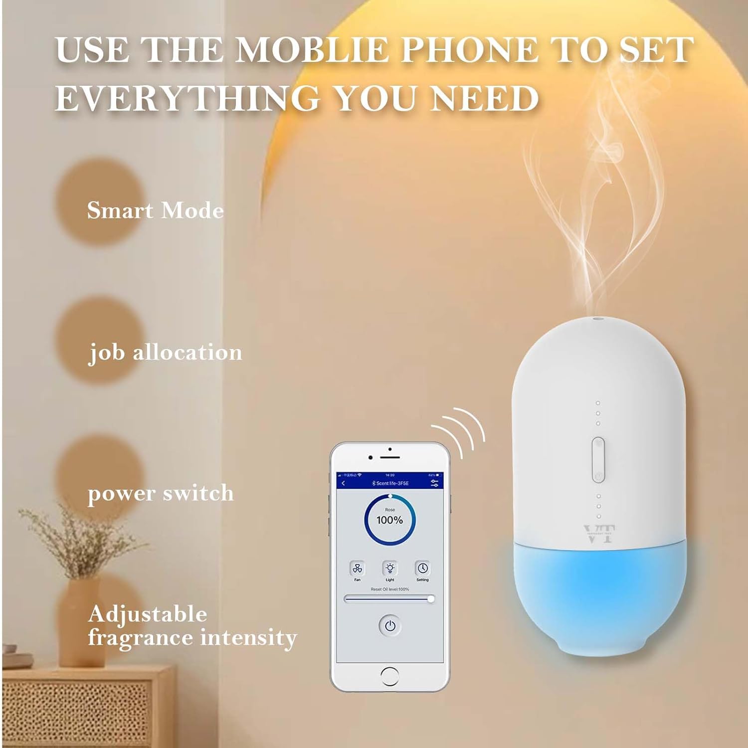 Plug in Waterless Oil Diffuser and 5 OZ Essential Oil for 600 Sq. Ft Room Home Hotel Office, Mini Wall Mounted Smart Scent Air Freshener Machine with Bluetooth App, House Outlet Aroma Diffuser White - Image 2
