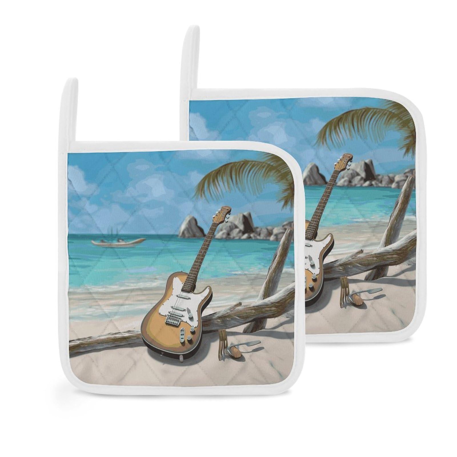 Btcowzrv Style Guitar On The Beach 2 Pack Pot Holders For Kitchen, Heat Resistant Potholder Set With Hanging Loops, Hot Pads For Oven Baking Cooking