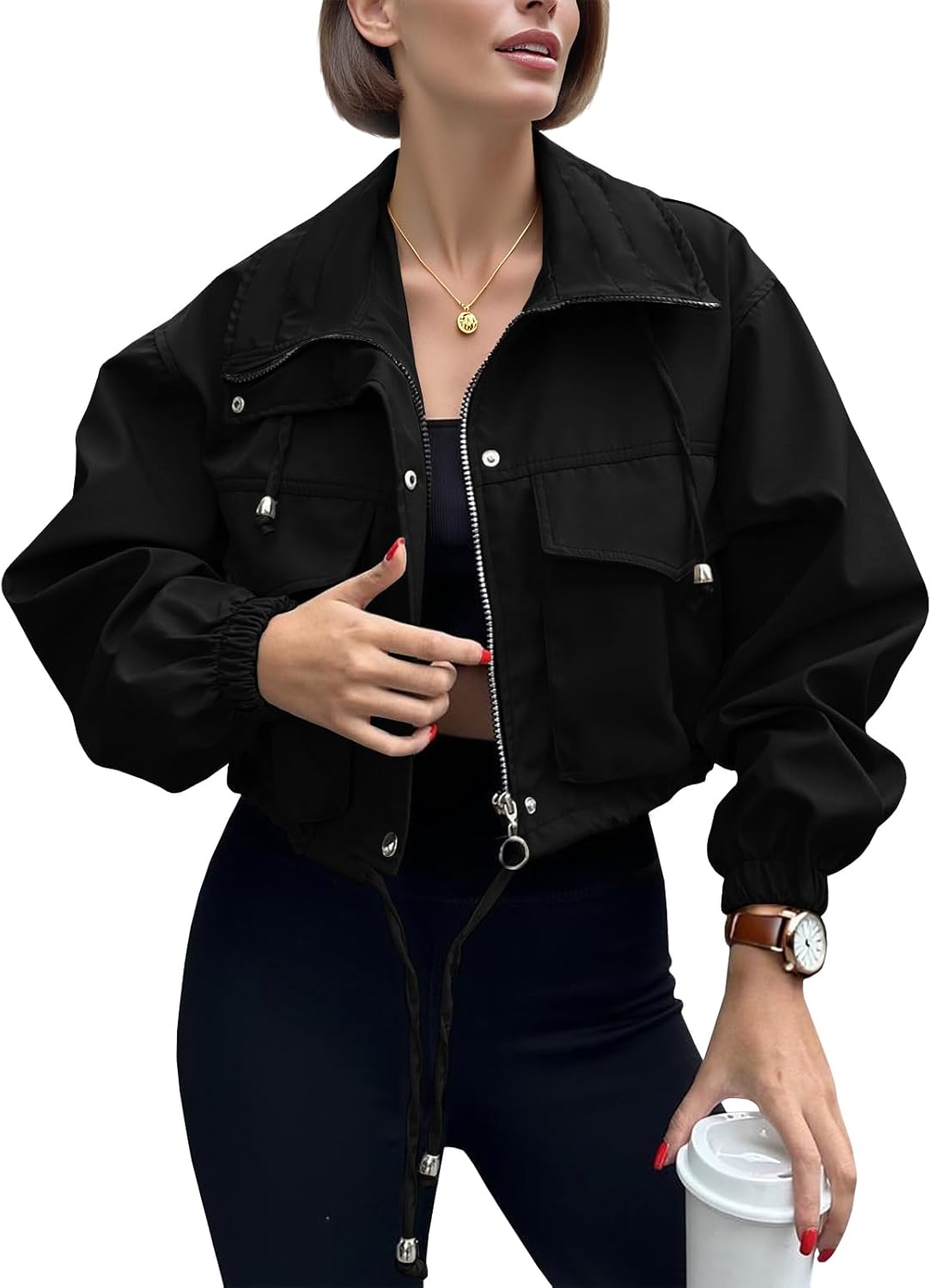 YIGAMA Womens Cropped Bomber Jacket Zip Up Lightweight Utility Anorak Coat with Pockets Women Fall Trendy Jackets