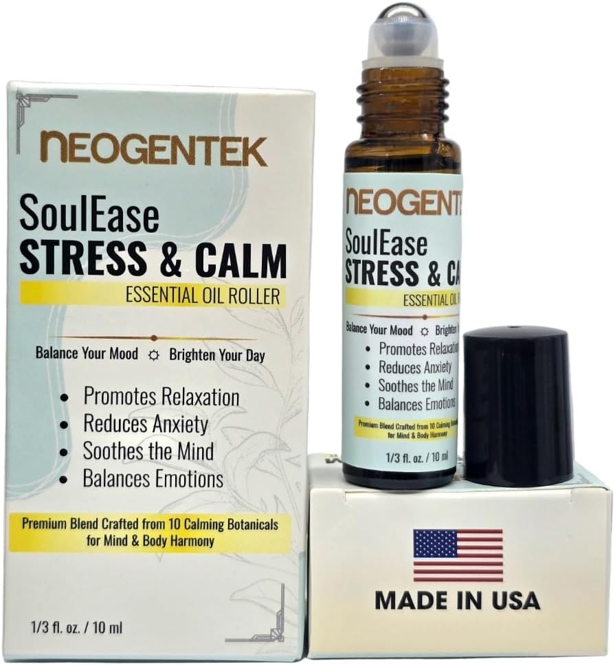 SoulEase Stress & Calm Essential Oil Roll On – Made from 10 Premium Calming Botanicals – Soothing Floral • Warm Wood • Gentle Citrus – 100% Natural Oil – Made in USA 10ML (SoulEase Stress & Calm)
