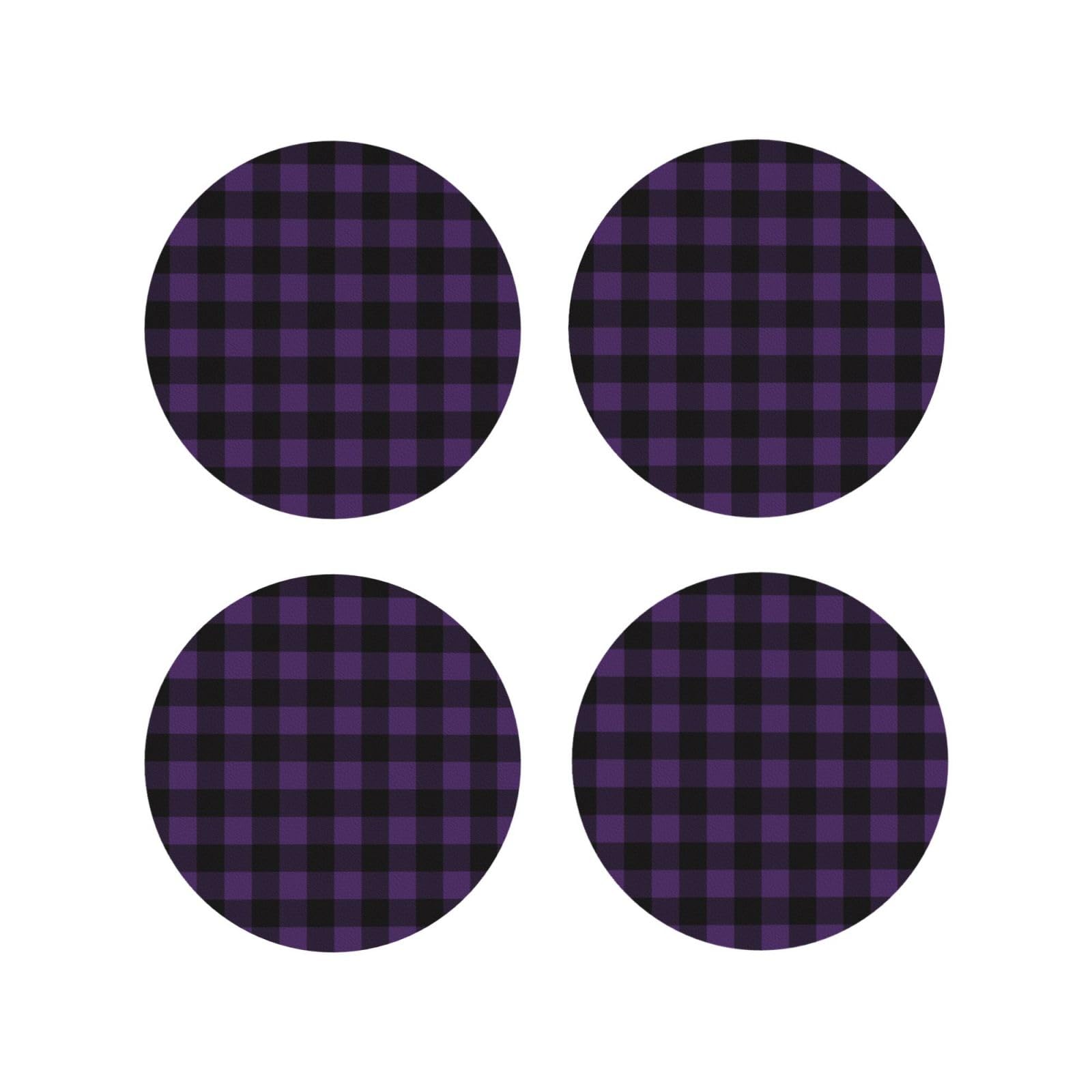 Smazdfxx Women's As Pic Leather Coasters Set Of 4 - Purple Black Plaid Print Lightweight Drink Coasters For Desk