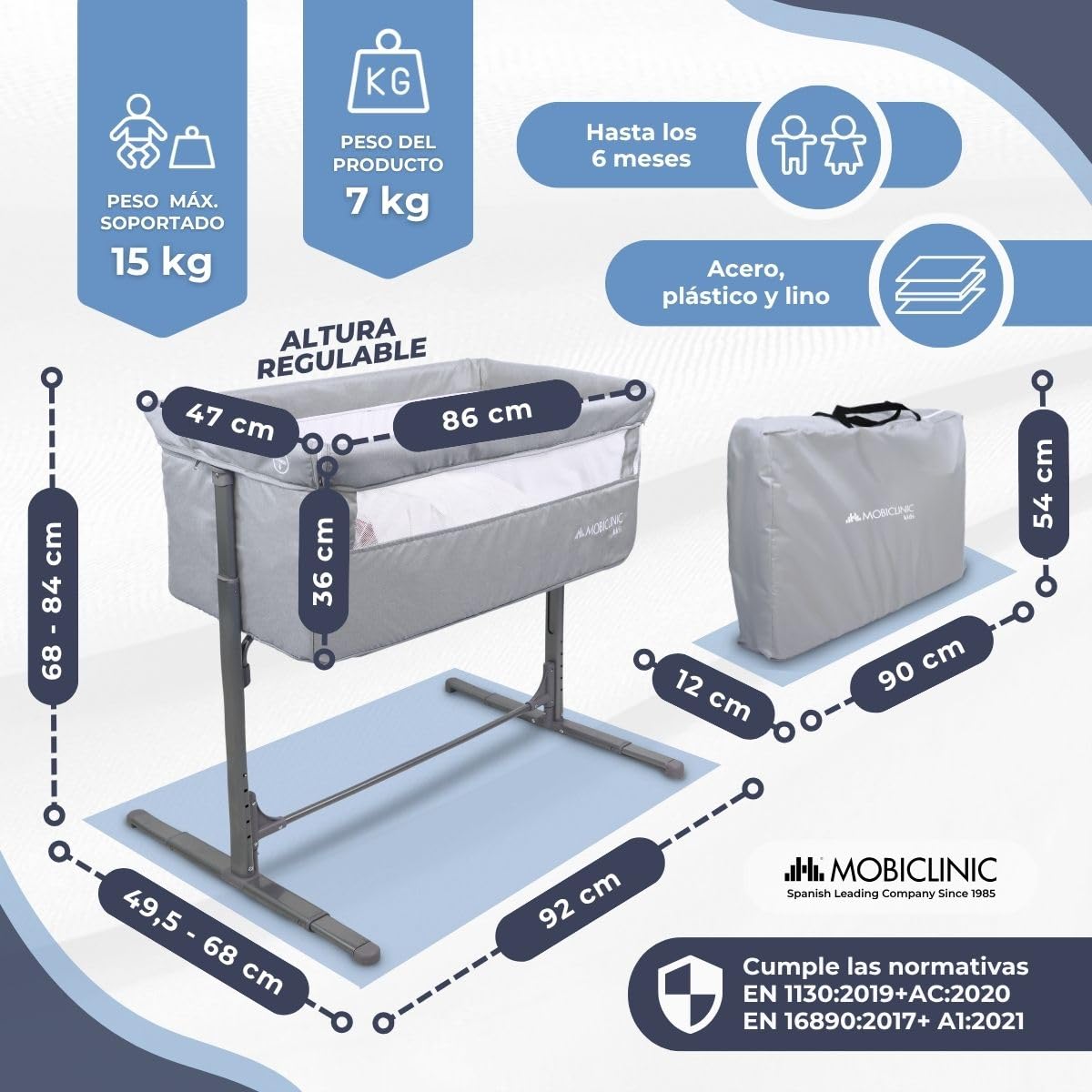 Mobiclinic®, Cuna colecho, 2 en 1, Moon, Sistema de Unión a la Cama, Regulable 5 Alturas, Bolsa Transporte, Incluye Ruedas, Malla Transpirable, Base Acolchada
