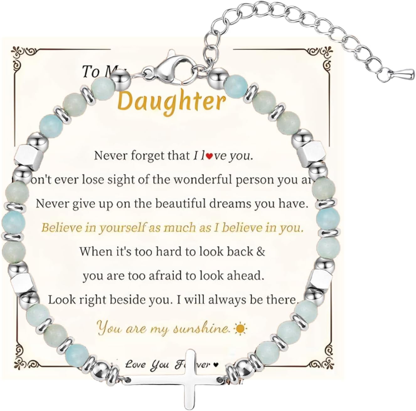 to My Daughter Bracelet from Mom Dad Christian Cross Natural Stone Healing Gold Knot Silver Heart Rhinestone charm Dainty Jewelry Daughter Gifts for Birthday