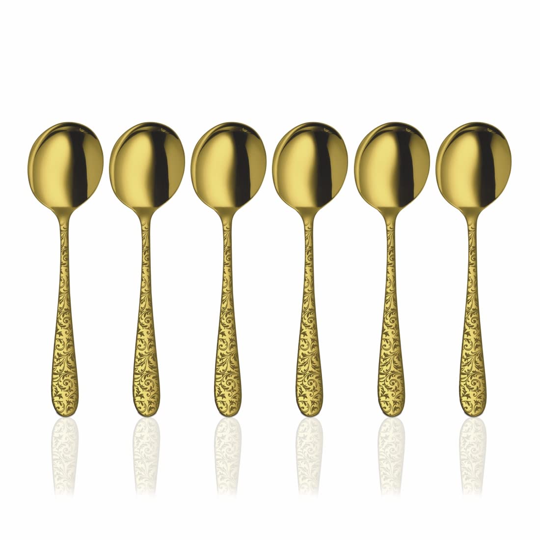 Shri & Sam Stainless Steel Jasmine Gold PVD Coating with Laser Desert Soup Spoon,6 Pieces