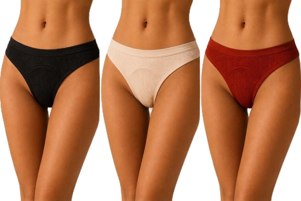 Cotton Ribbed Thong Panties for Women | Bikini Underwear | Soft and Breathable | Mid-Rise Briefs for Any Outfit | Multicolor - Pack of 3-image-47