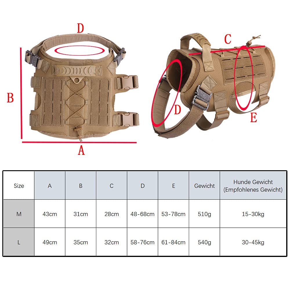 Taktisch Hundegeschirr & Hundeleine Molle Hundeweste Verstellbar Gepolstert Atmungsaktiv Brustgeschirr für mittelgroße, große Hunde Outdoor Wandern (Schwarz, M)