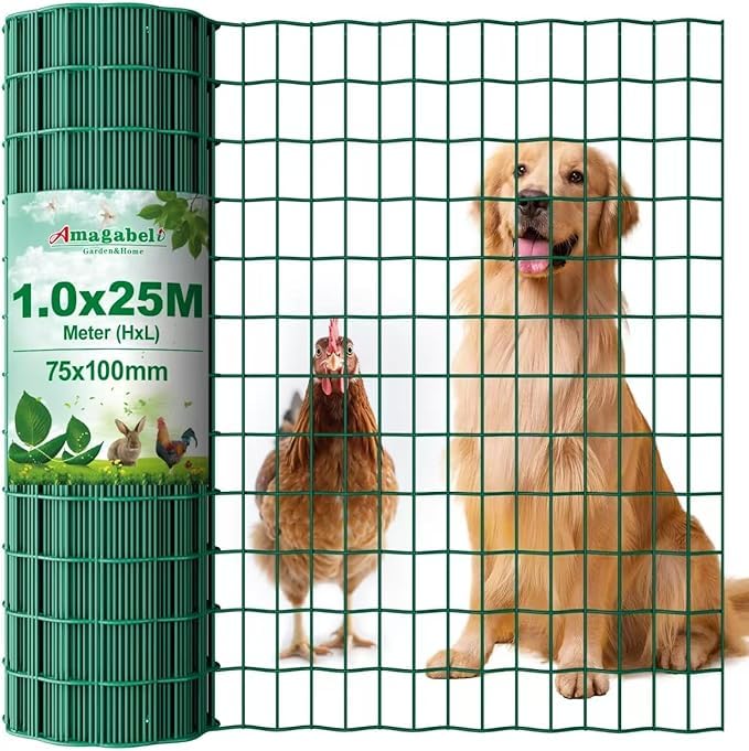 Amagabeli 1M X 25M drahtgitter Drahtzaun Gartenzaun Maschendraht Grünen Maschenweite 75 x 100mm Drahtgitter-Rolle Gartenzaun RAL6005 Kaninchendraht Metall Drahtg Forstzaun Gitterzaun Drahtzaun
