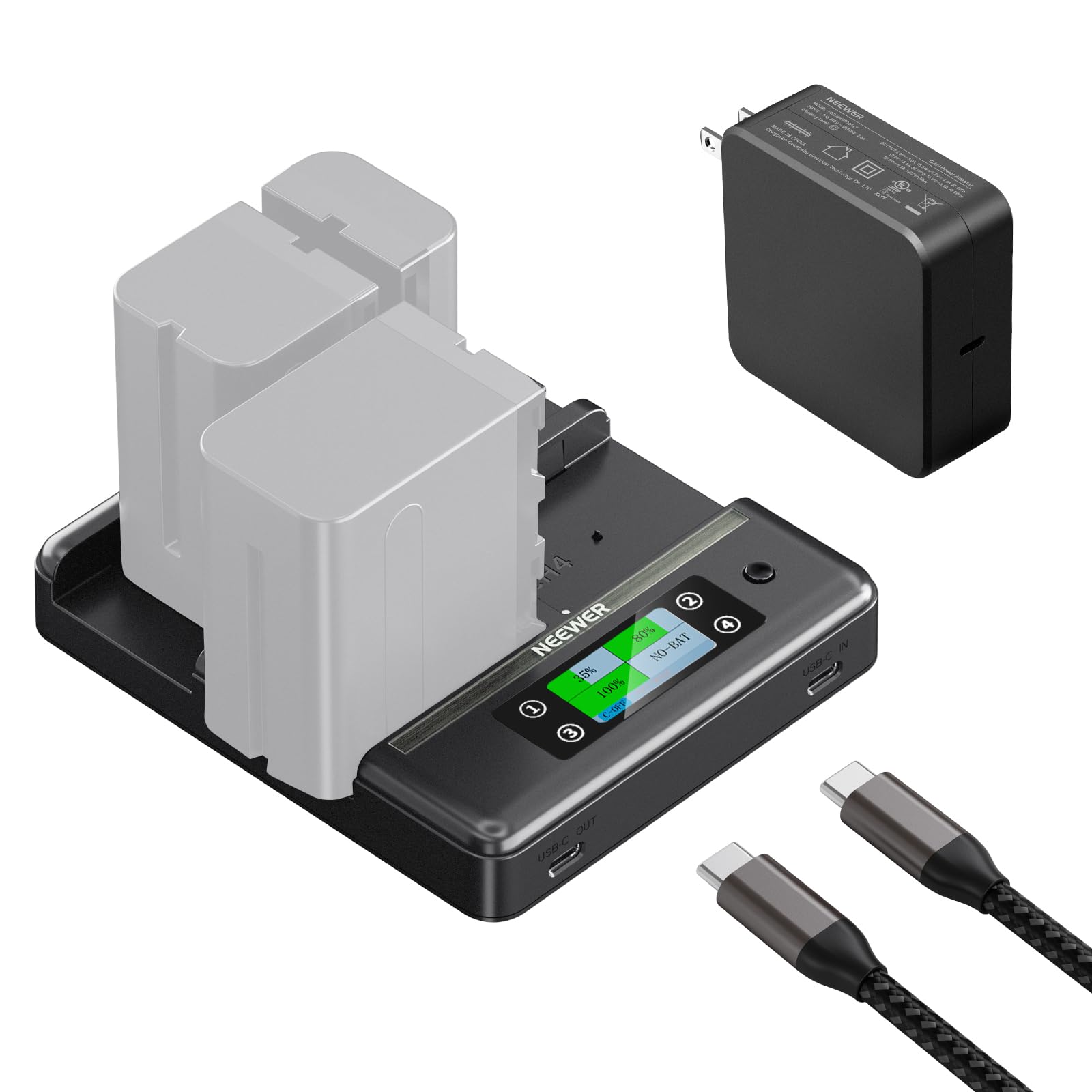 NEEWER NP-F970 4 Channel Charger with Smart Power Consolidation Compatible with Sony NP-F550 750 Camcorder NPF Camera Battery, PD100W Fast Charging/PD100W Charger/Dual USB C/OLED Display, NW-F4R