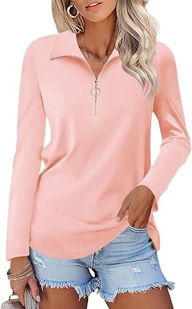 TICTICMISS Womens Long Sleeve Shirts Quarter Zip Pullover Collared V Neck Tops Fall Blouses