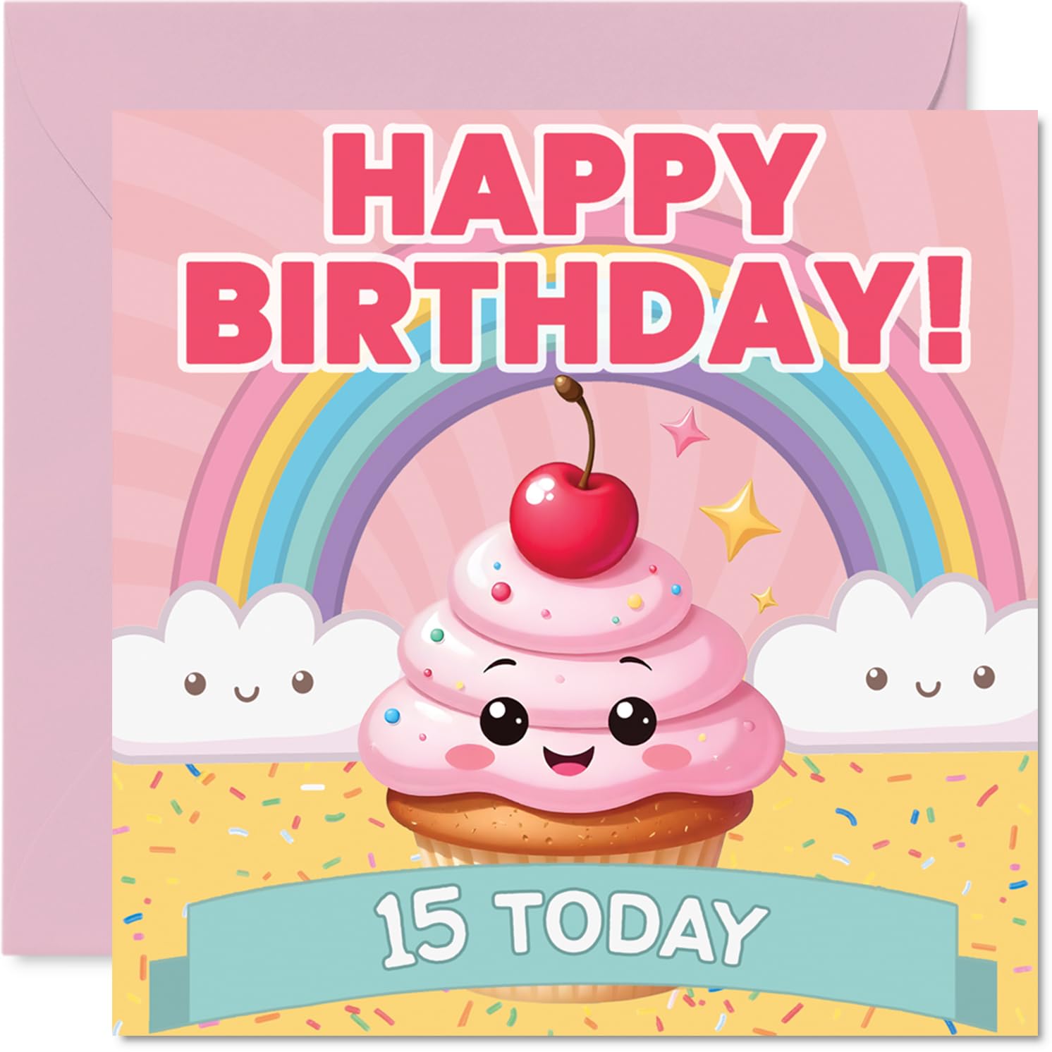 15th Birthday Cards for Girls - Rainbow Cupcake Fairy Cake - Happy Birthday Card for 15 Year Old Girl Cousin Sister Niece Goddaughter, 145mm Bday Greeting Cards
