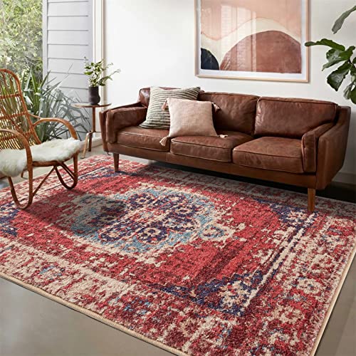 Roomtalks Boho Vintage Distressed Kitchen Rugs Non Slip Washable - Faux Wool Soft Stain Resistant Traditional Wine Red Persian 3’X5’ Accent Area Rugs For Bedroom Entryway Indoor Low Pile Door Mat #TOP2