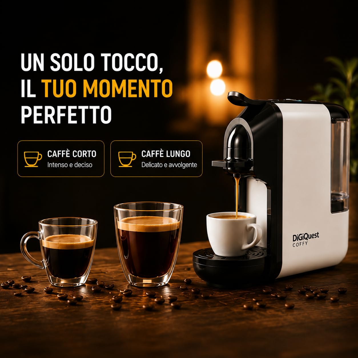 DIGIQUEST Cafetera COFFY WHITE 3 en 1 compatible con Nespresso®, Dolce Gusto® y A Modo Mio® | Café corto y largo | 1450 W de potencia | 0,6 litros | 19 bar | Edición limitada