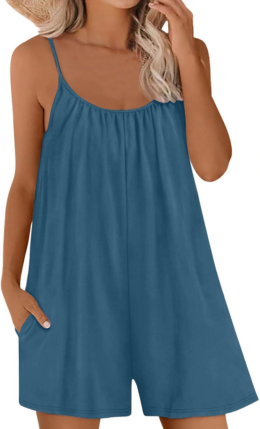 WABEOR Short Rompers for Women Cotton Linen 2024 Summer Casual Loose Fit Spaghetti Strap Overalls Jumpsuit with Pockets