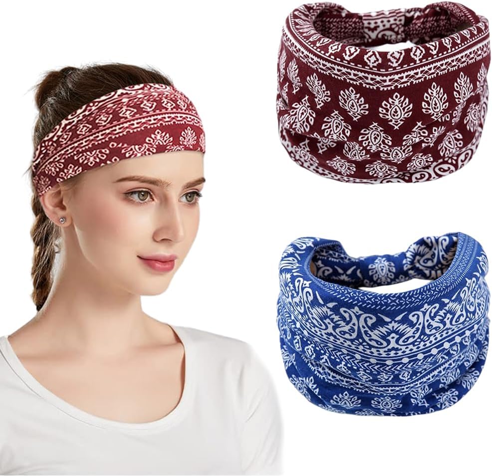 Headbands for Women, Non-Slip, Premium Stretchy Bohemian Head Bands Hair Accessories,Wear for Yoga, Fashion, Working Out, Travel or Running, 2 Pack