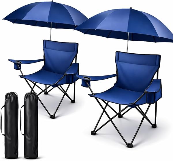 2 Sillas de Camping Plegables Portátiles con Sombrilla Ajustable, Sillas de Playa Ligeras para Pesca, Eventos Deportivos y Jardín (Azul)