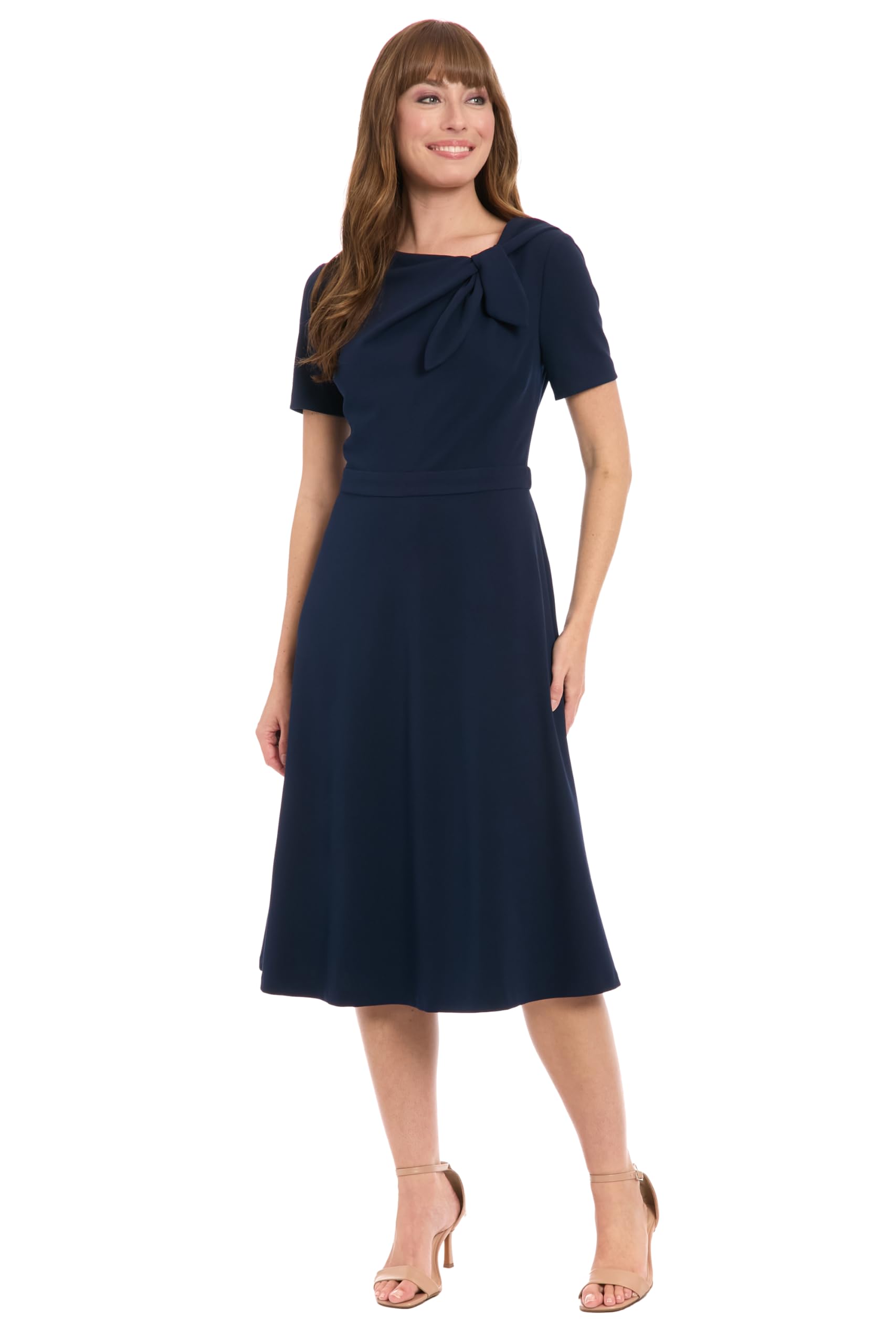 London Times Womens Womens Bow Neckline A-line Midi - Short Sleeve Evening Party Cocktail Dress