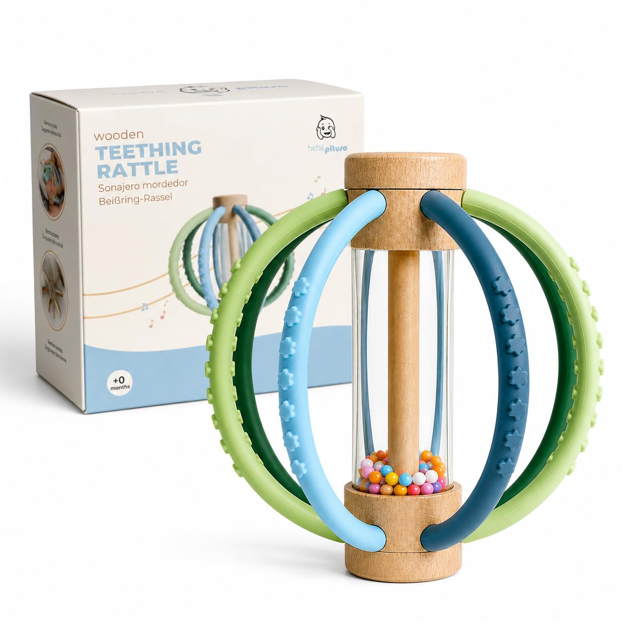 Sonajero Mordedor con Palo de Lluvia Bebe | Montessori bebe 0-6 meses y 6-12 meses | Mordedor de Silicona y Madera para Alivio de las Encias | Juguete Estimulación temprana y Tummy Time (Blue Ocean)