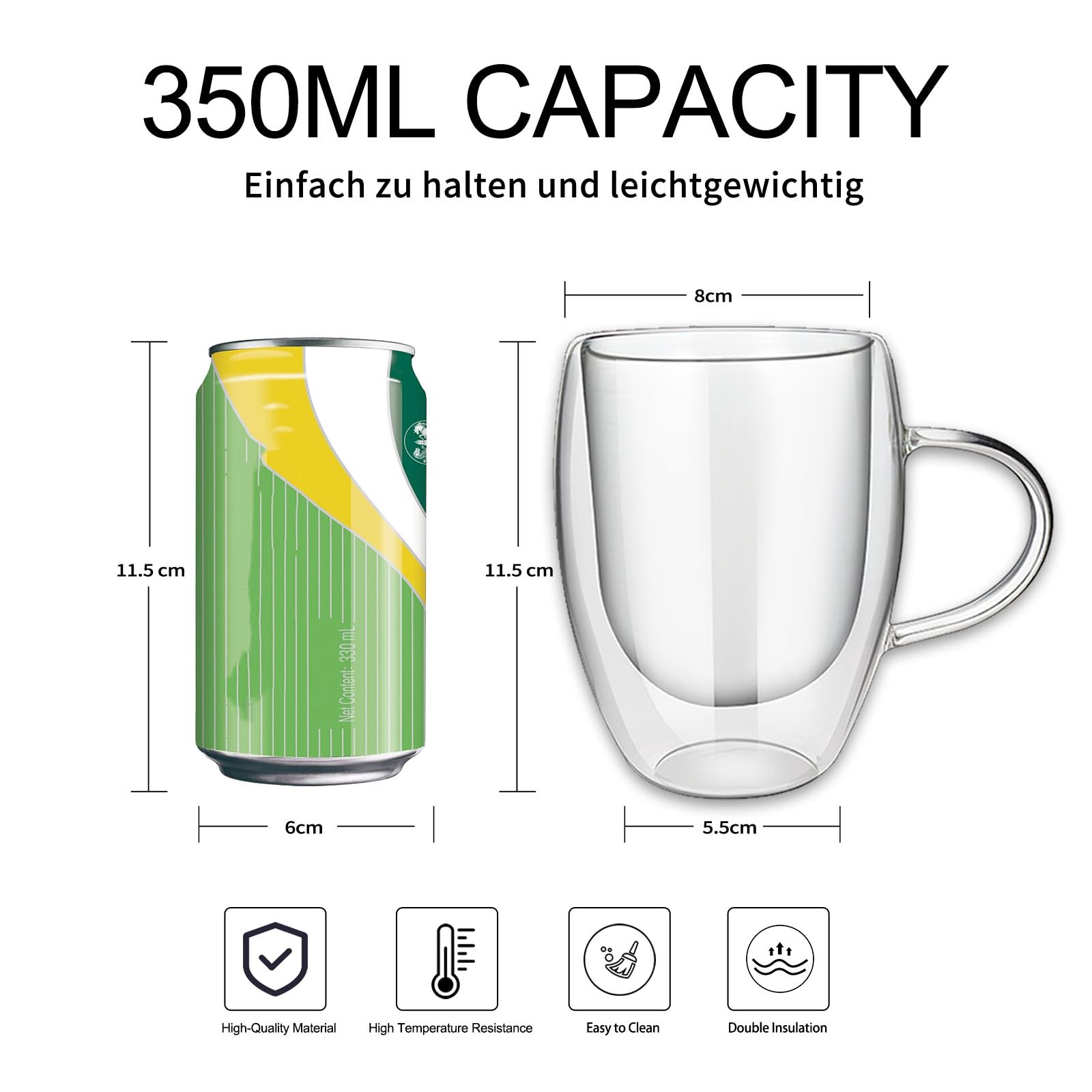 Doppelwandige Glas-Kaffeetassen, 350 ml, isolierte Latte-Gläser, 6 Stück, hohle isolierte Glas-Kaffeetassen mit Griff, für Latte, Cappuccino, hitzebeständig