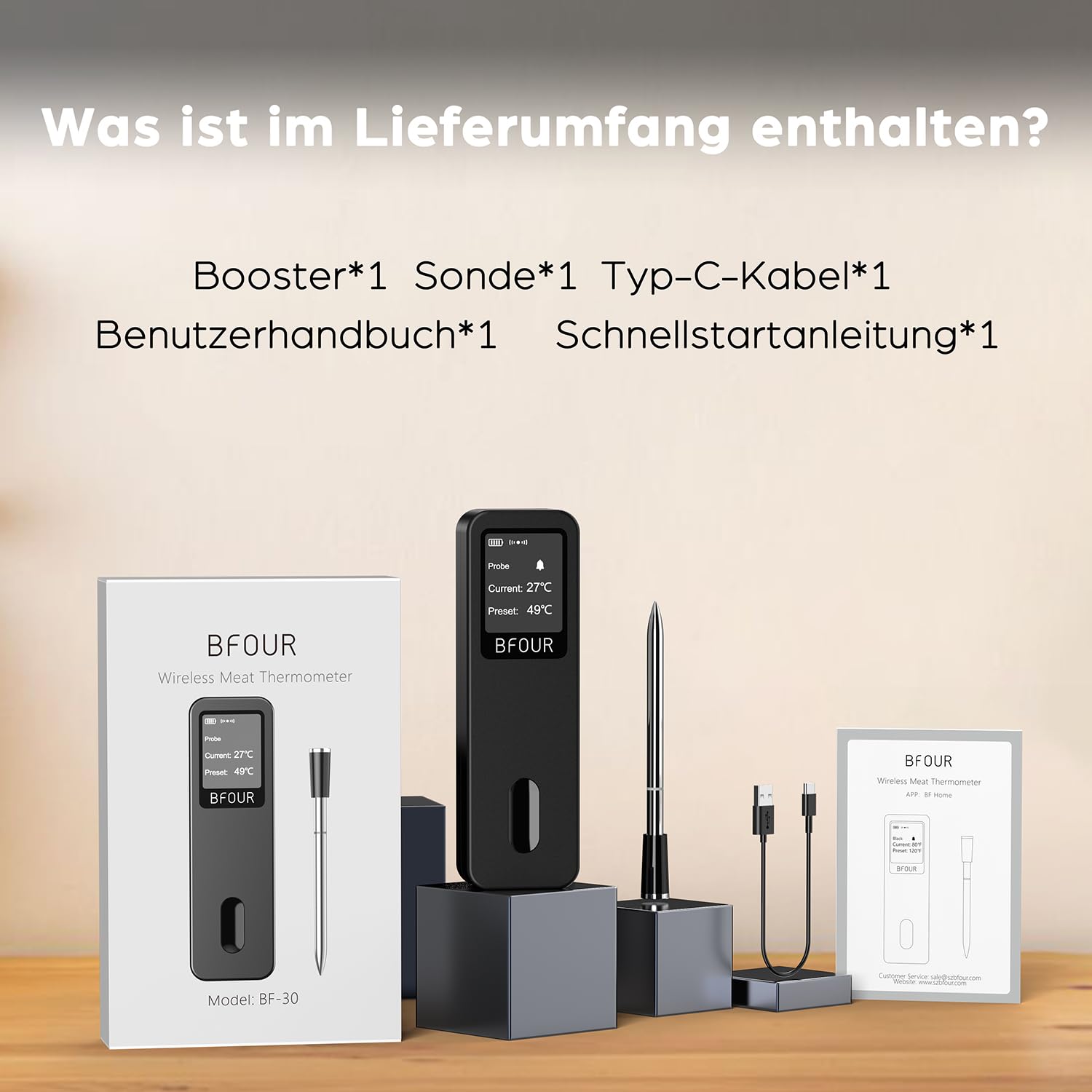 BFOUR Fleischthermometer kabellos,Smart Bluetooth Grillthermometer,Doppelalarm,App-Überwachung,IP67 wasserdicht,Backofenthermometer für BBQ, Grill, Backofen,Smoker, Rotisserie